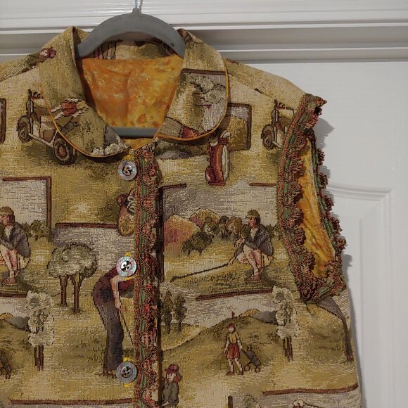 Vtg Woven Tapestry Golf Button Vest Handmade Heritage Folksy Cottage Old Money - Picture 3 of 12